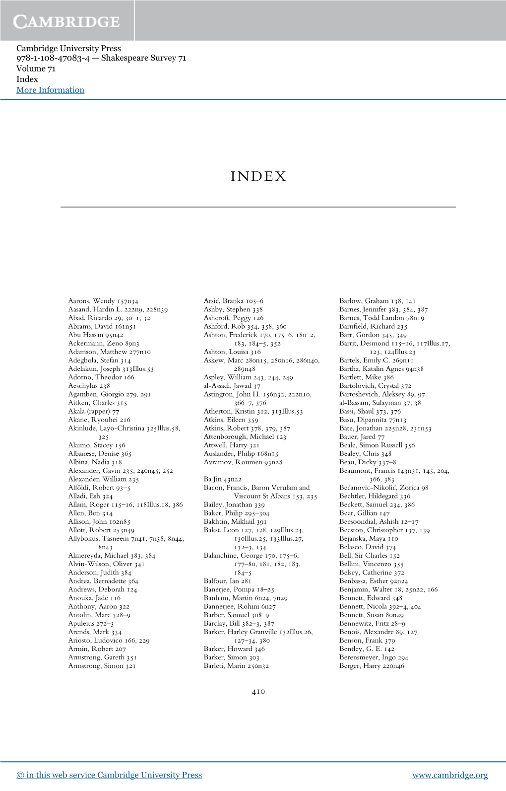 Shakespeare Survey 71 Volume 71 Index More Information