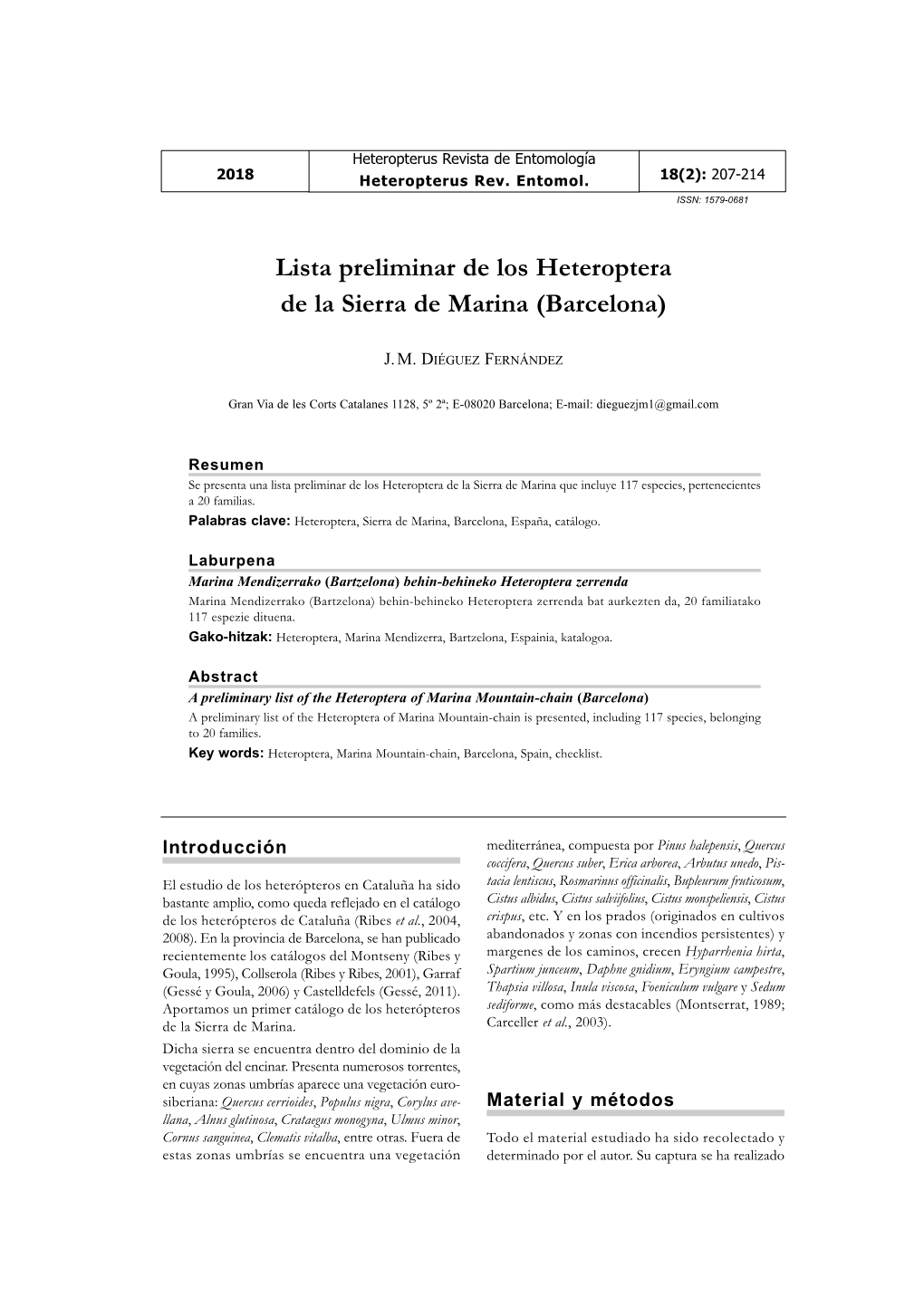 Lista Preliminar De Los Heteroptera De La Sierra De Marina (Barcelona)