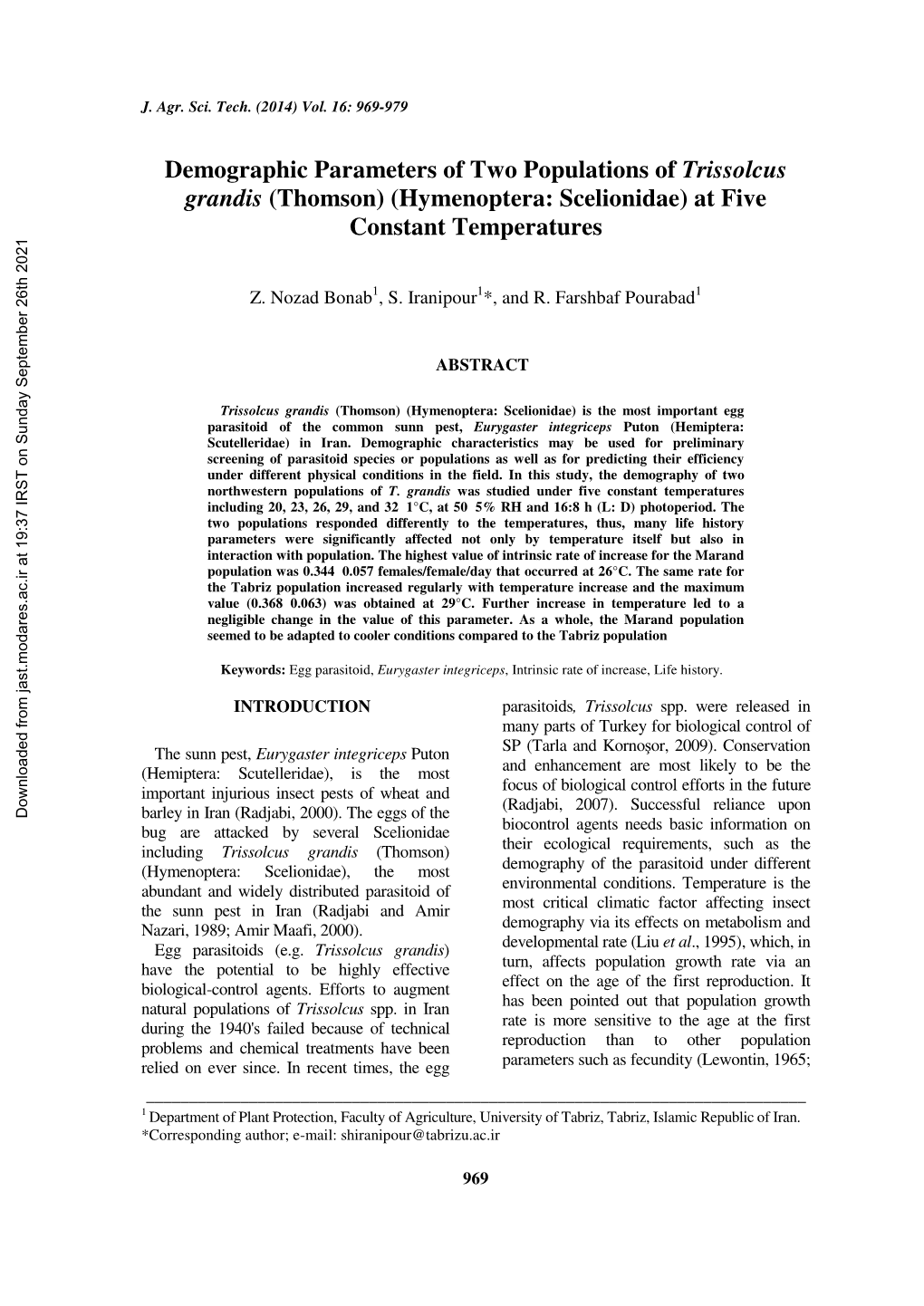 Demographic Parameters of Two Populations of Trissolcus Grandis (Thomson) (Hymenoptera: Scelionidae) at Five Constant Temperatures