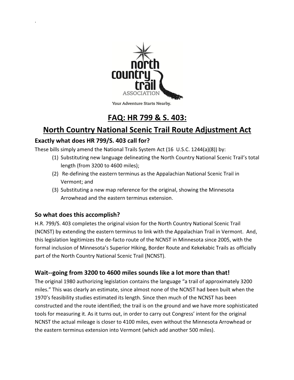 FAQ: HR 799 & S. 403: North Country National Scenic Trail Route Adjustment