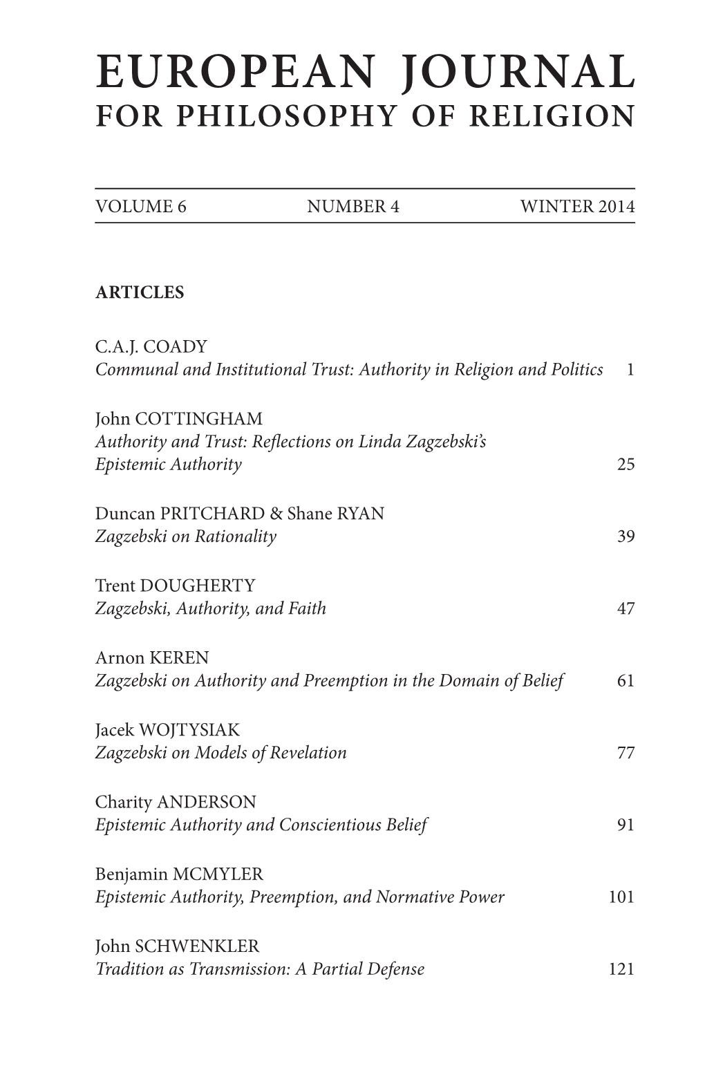 European Journal for Philosophy of Religion