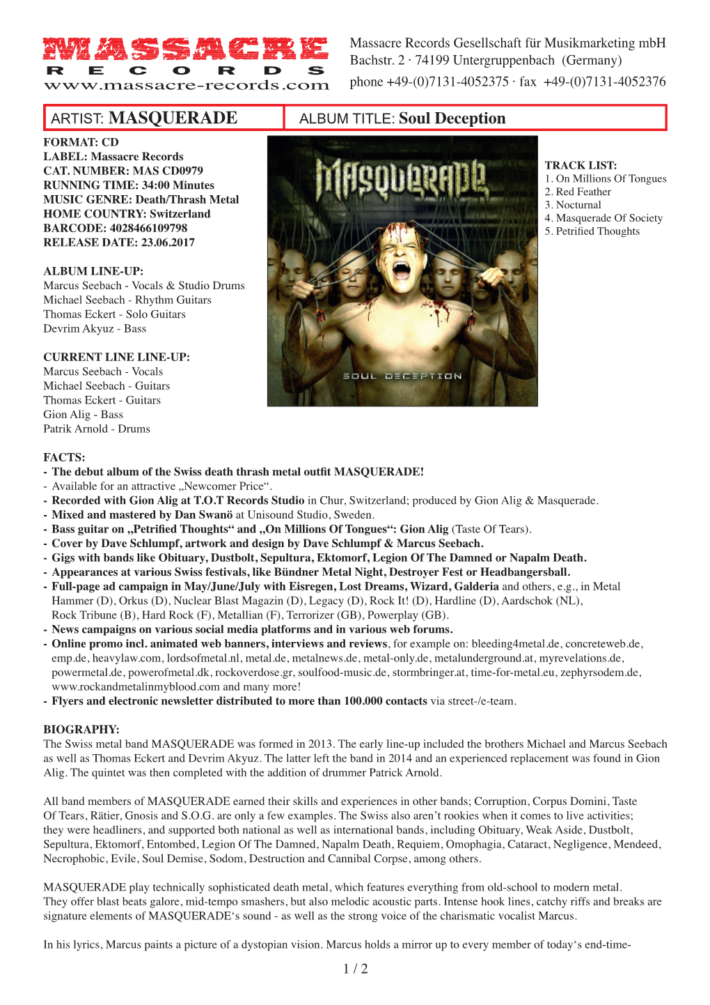 MASQUERADE ALBUM TITLE: Soul Deception FORMAT: CD LABEL: Massacre Records CAT