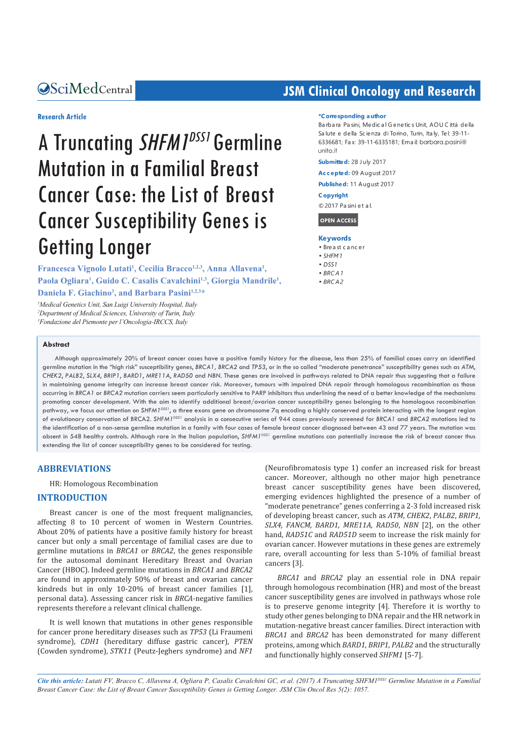 A Truncating SHFM1DSS1 Germline Mutation in a Familial Breast Cancer Case: the List of Breast Cancer Susceptibility Genes Is Getting Longer