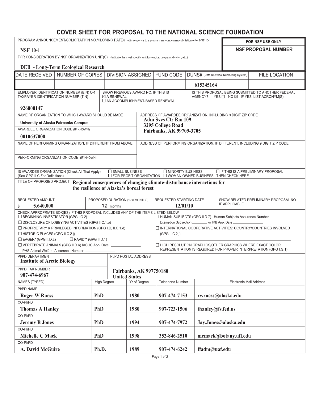 Cover Sheet for Proposal to the National Science