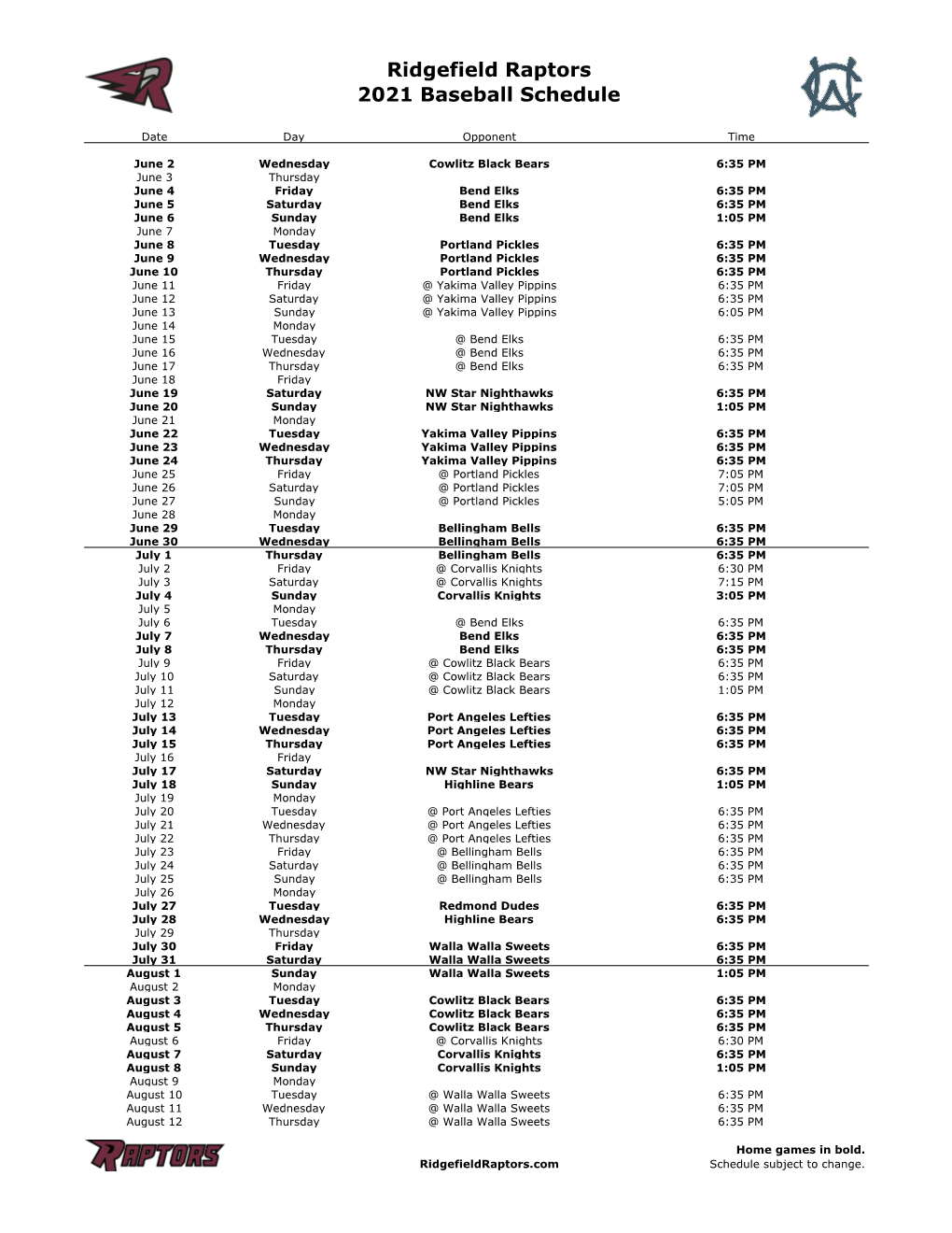 Ridgefield Raptors Game Schedule