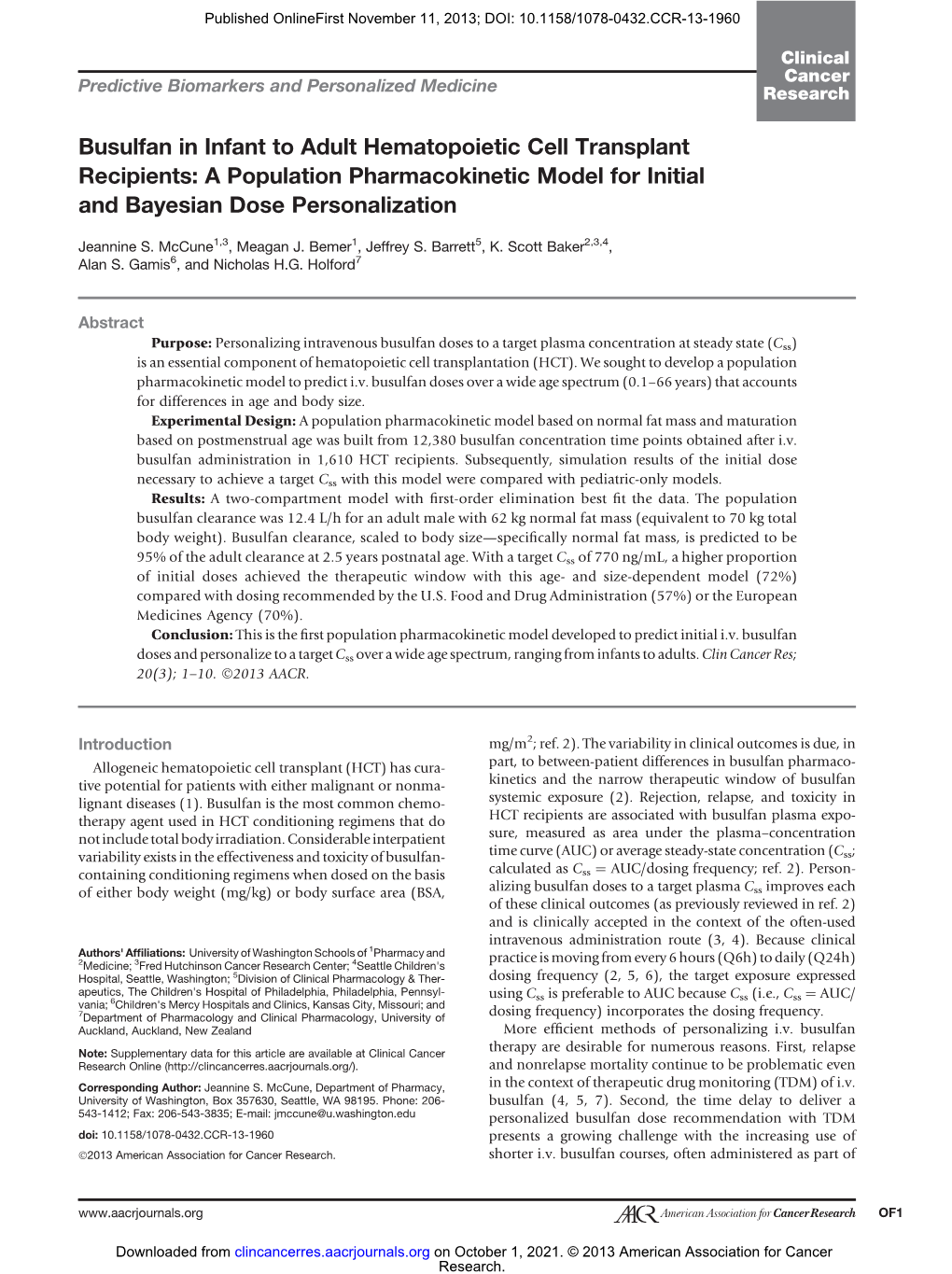 Busulfan in Infant to Adult Hematopoietic Cell Transplant Recipients: a Population Pharmacokinetic Model for Initial and Bayesian Dose Personalization