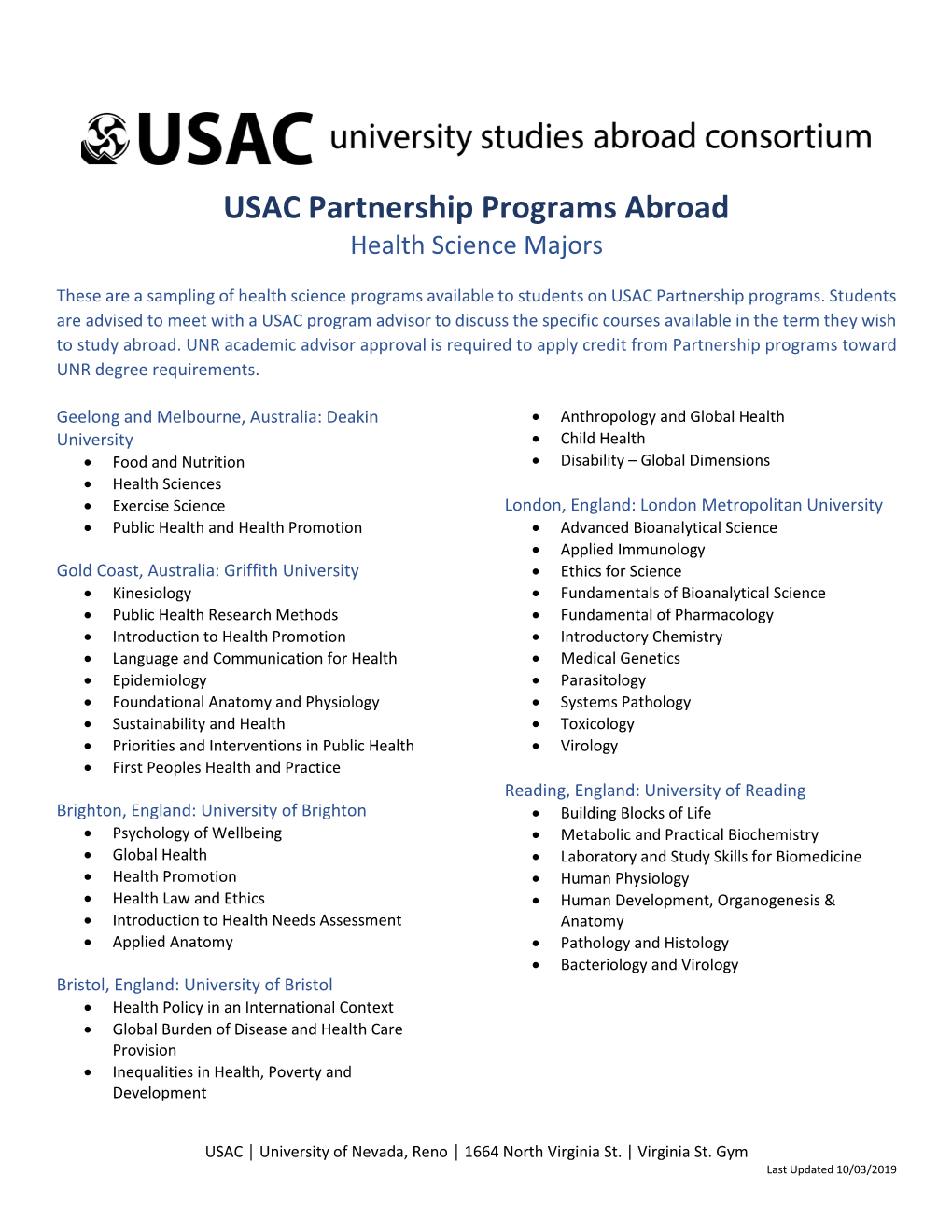 USAC Partnership Programs Abroad Health Science Majors