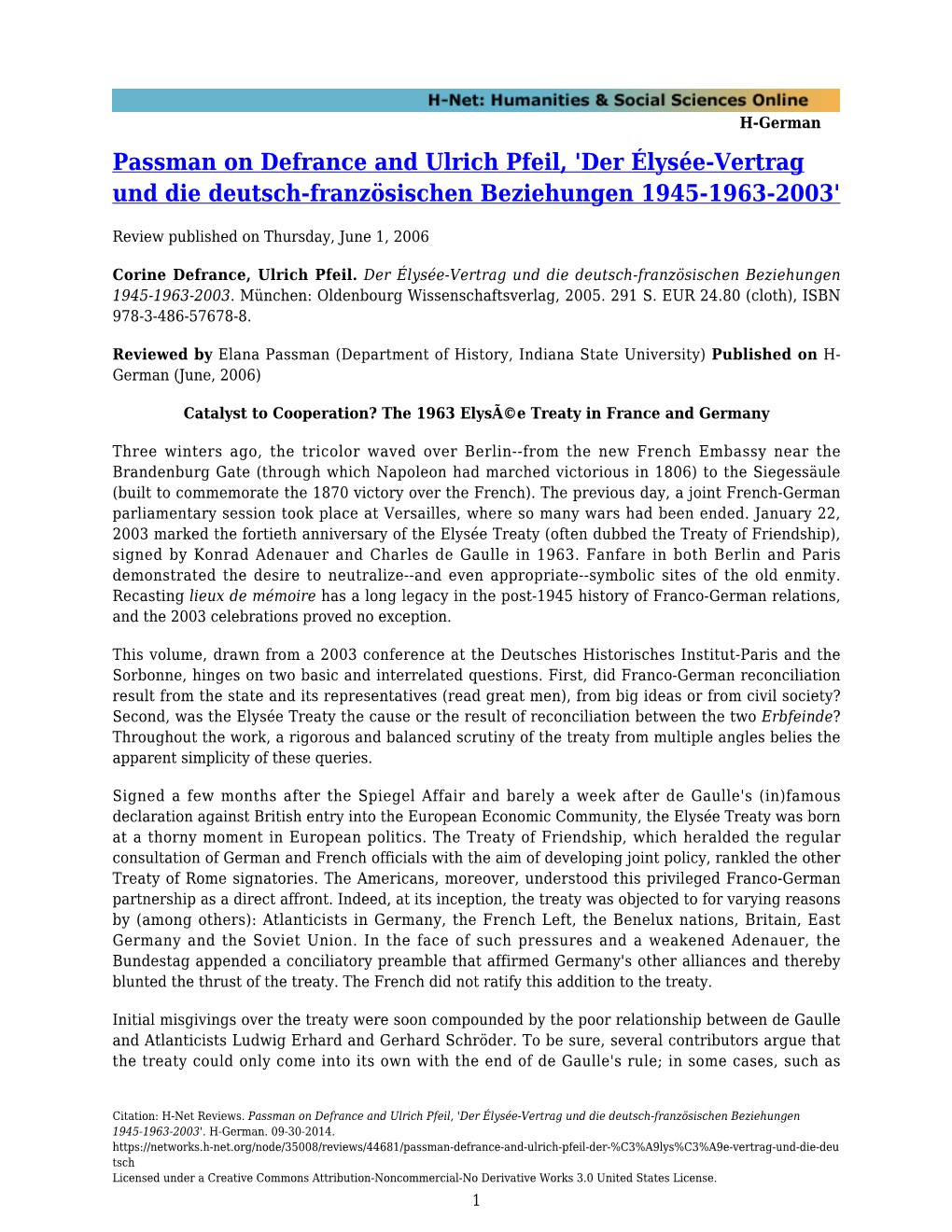 Passman on Defrance and Ulrich Pfeil, 'Der Élysée-Vertrag Und Die Deutsch-Französischen Beziehungen 1945-1963-2003'