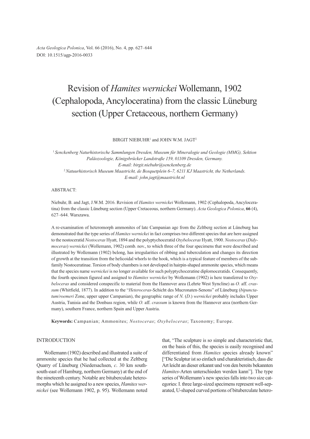 Revision of Hamites Wernickei Wollemann, 1902 (Cephalopoda, Ancyloceratina) from the Classic Lüneburg Section (Upper Cretaceous, Northern Germany)