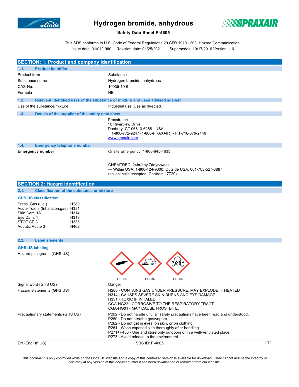 Hydrogen Bromide (Anhydrous) Safety Data Sheet