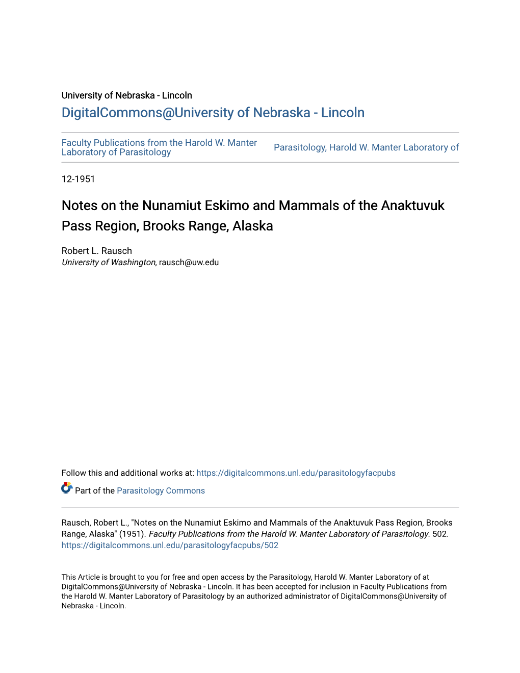 Notes on the Nunamiut Eskimo and Mammals of the Anaktuvuk Pass Region, Brooks Range, Alaska