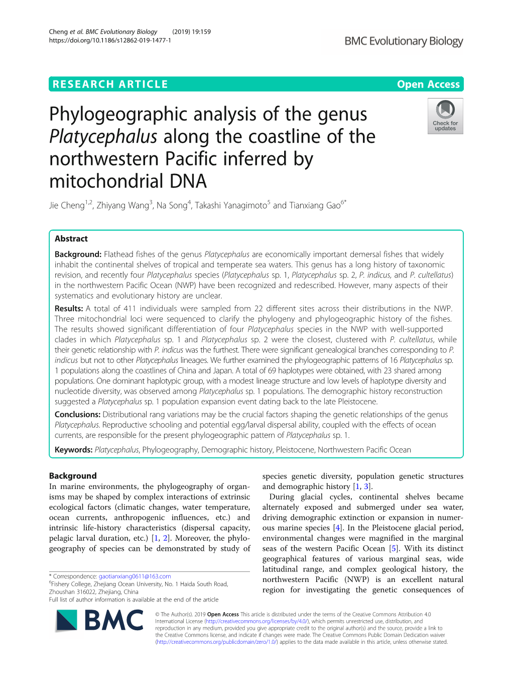Phylogeographic Analysis of the Genus Platycephalus Along the Coastline of the Northwestern Pacific Inferred by Mitochondrial DN