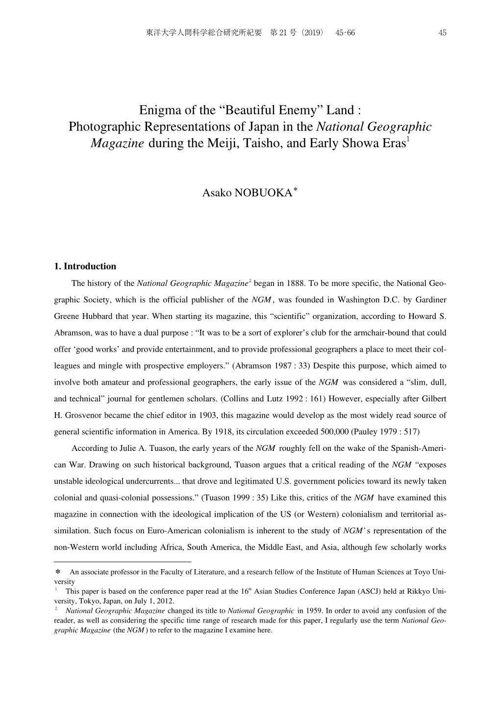 Photographic Representations of Japan in the National Geographic Magazine During the Meiji, Taisho, and Early Showa Eras１