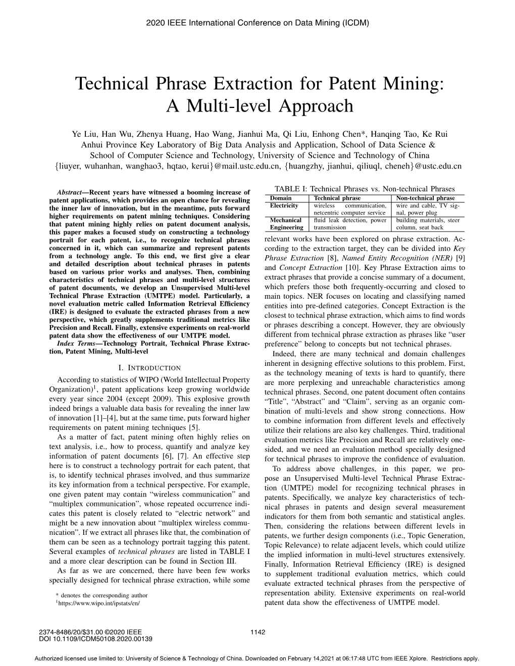 Technical Phrase Extraction for Patent Mining: a Multi-Level Approach