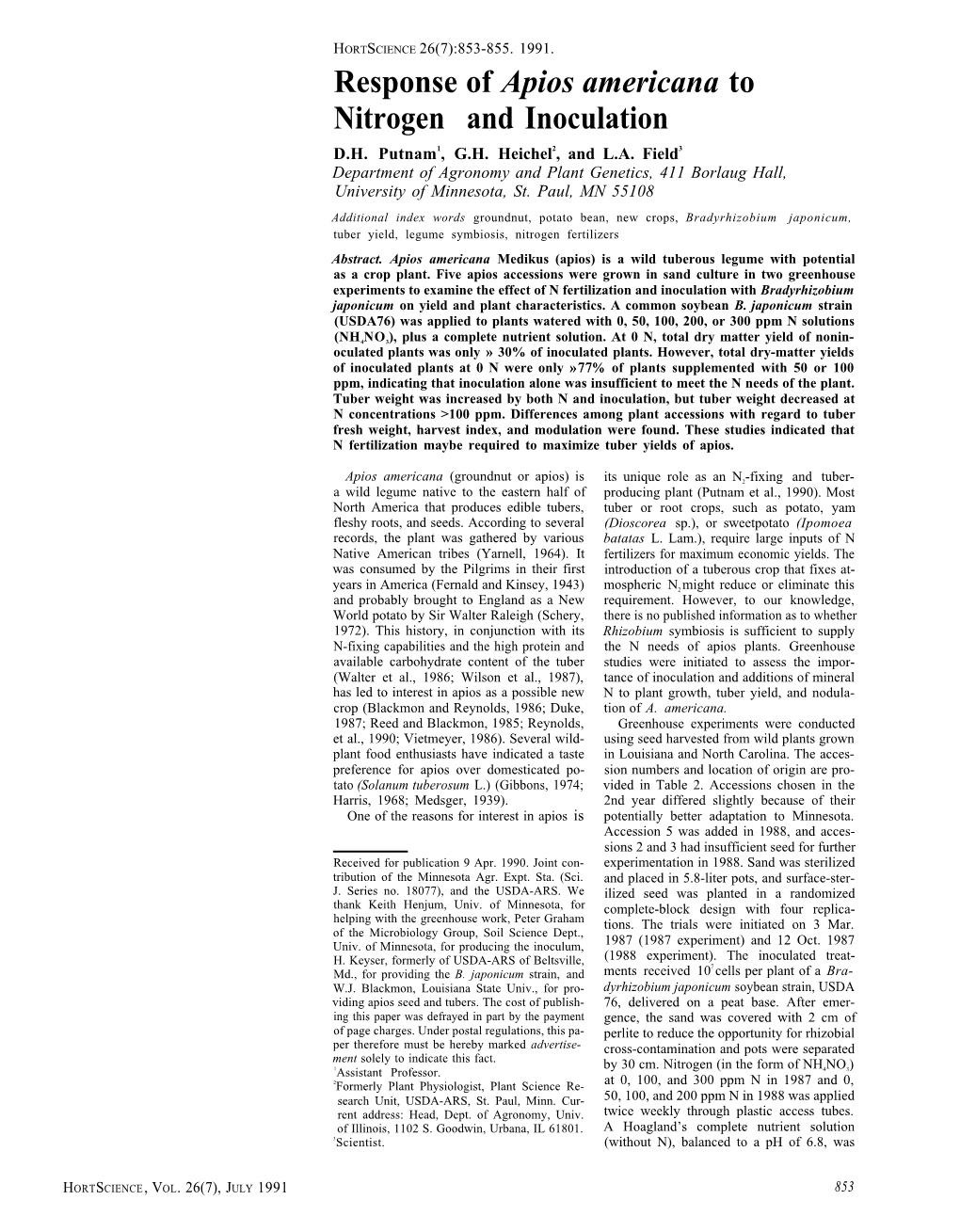 "Response of Apios Americana to Nitrogen and Inoculation"