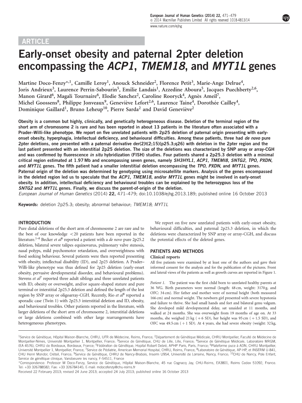 Early-Onset Obesity and Paternal 2Pter Deletion Encompassing the ACP1, TMEM18,Andmyt1l Genes