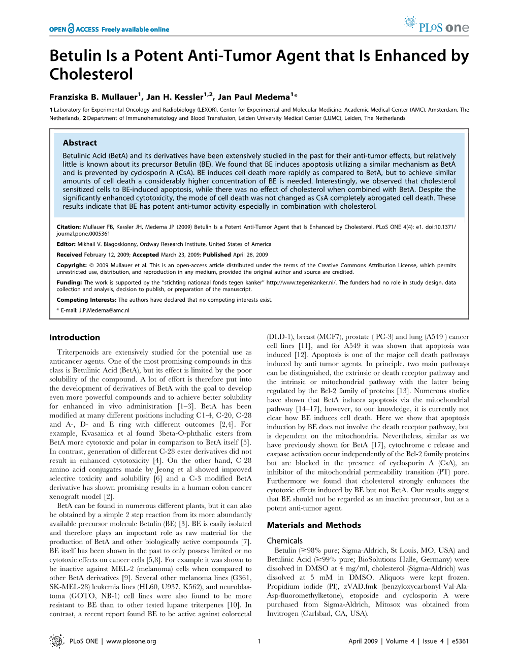 Betulin Is a Potent Anti-Tumor Agent That Is Enhanced by Cholesterol