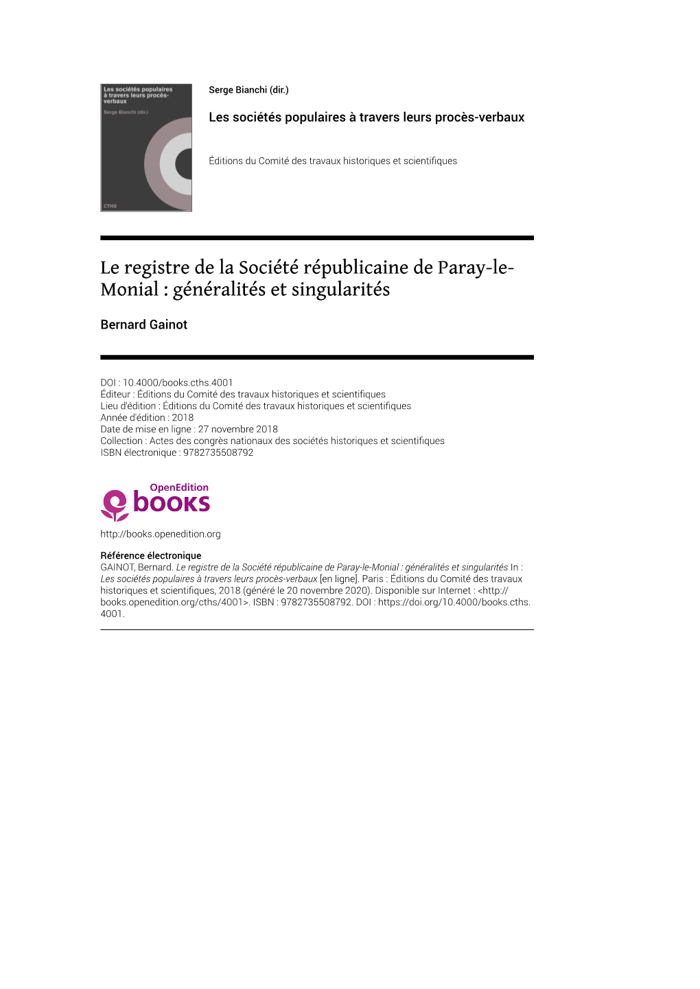 Le Registre De La Société Républicaine De Paray-Le-Monial : Généralités Et Singularités in : Les Sociétés Populaires À Travers Leurs Procès-Verbaux [En Ligne]