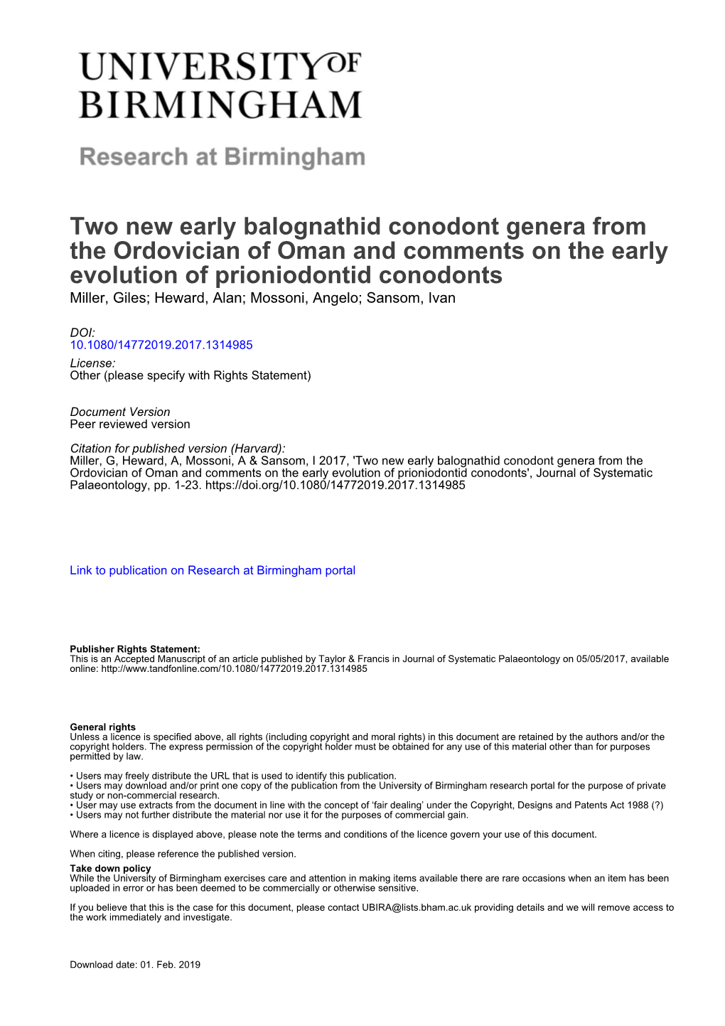 Two New Early Balognathid Conodont Genera from the Ordovician Of