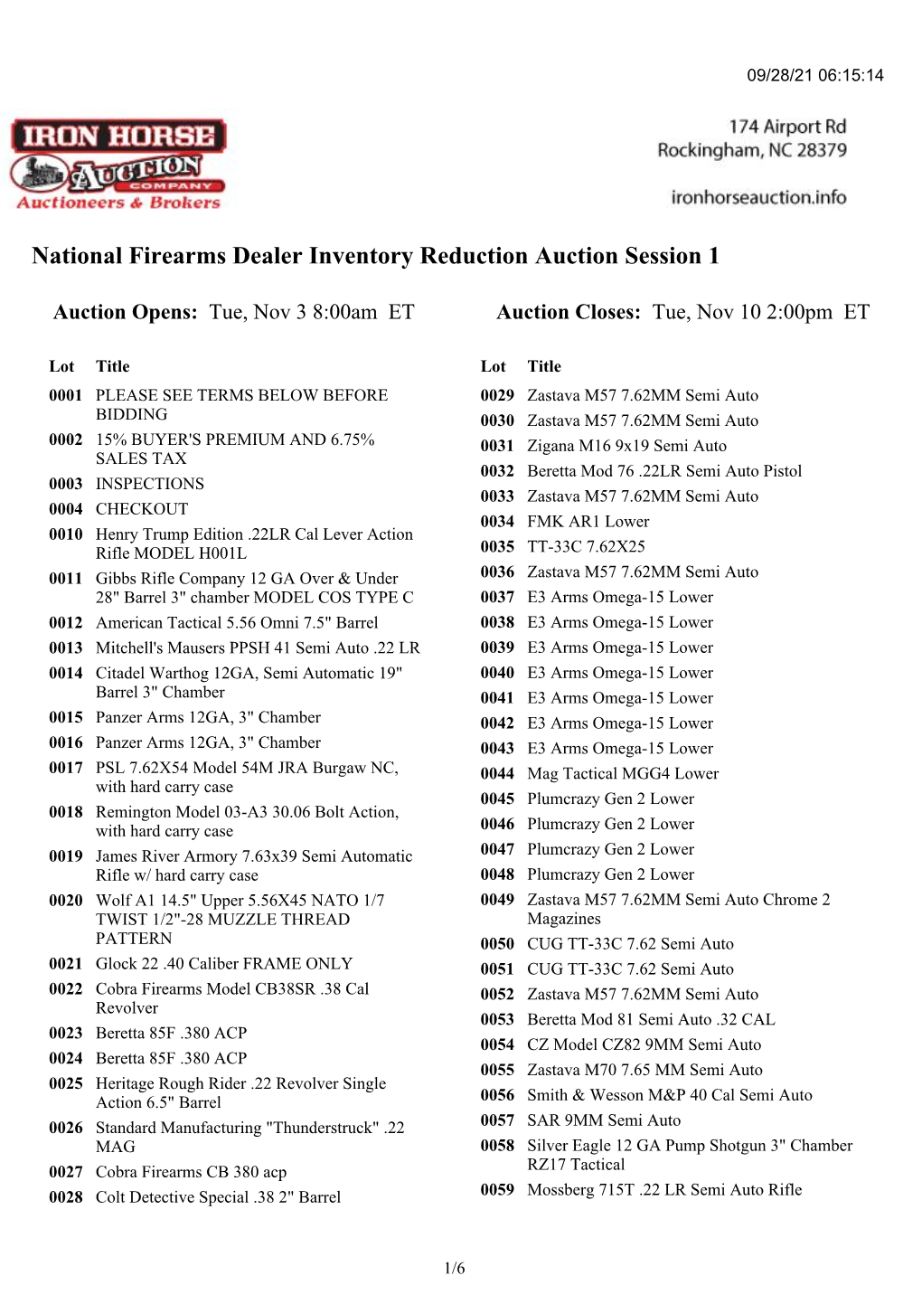 National Firearms Dealer Inventory Reduction Auction Session 1