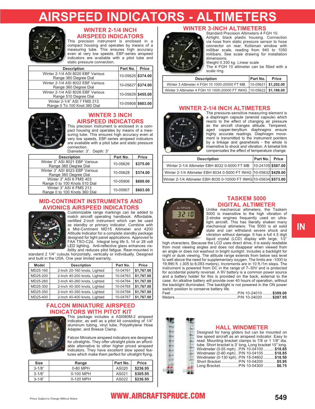 AIRSPEED INDICATORS - ALTIMETERS WINTER 3-INCH ALTIMETERS WINTER 2-1/4 INCH Standard Precision Altimeters 4 FGH 10