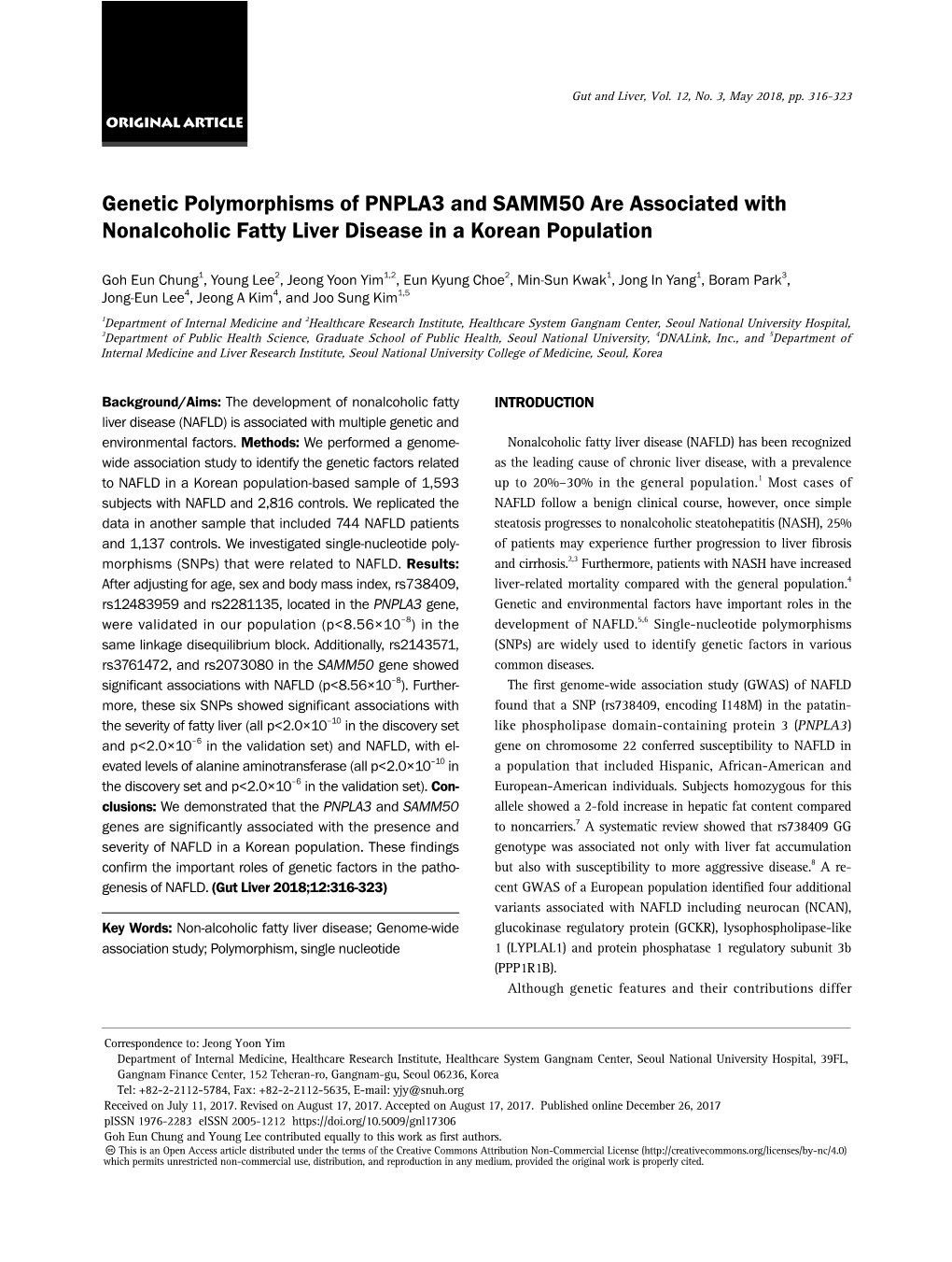 Genetic Polymorphisms of PNPLA3 and SAMM50 Are Associated with Nonalcoholic Fatty Liver Disease in a Korean Population