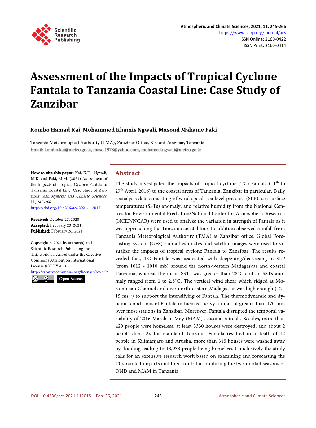 Assessment of the Impacts of Tropical Cyclone Fantala to Tanzania Coastal Line: Case Study of Zanzibar