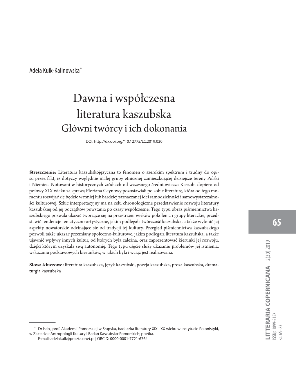 Dawna I Współczesna Literatura Kaszubska Główni Twórcy I Ich Dokonania DOI: 0.12775/LC.2019.020