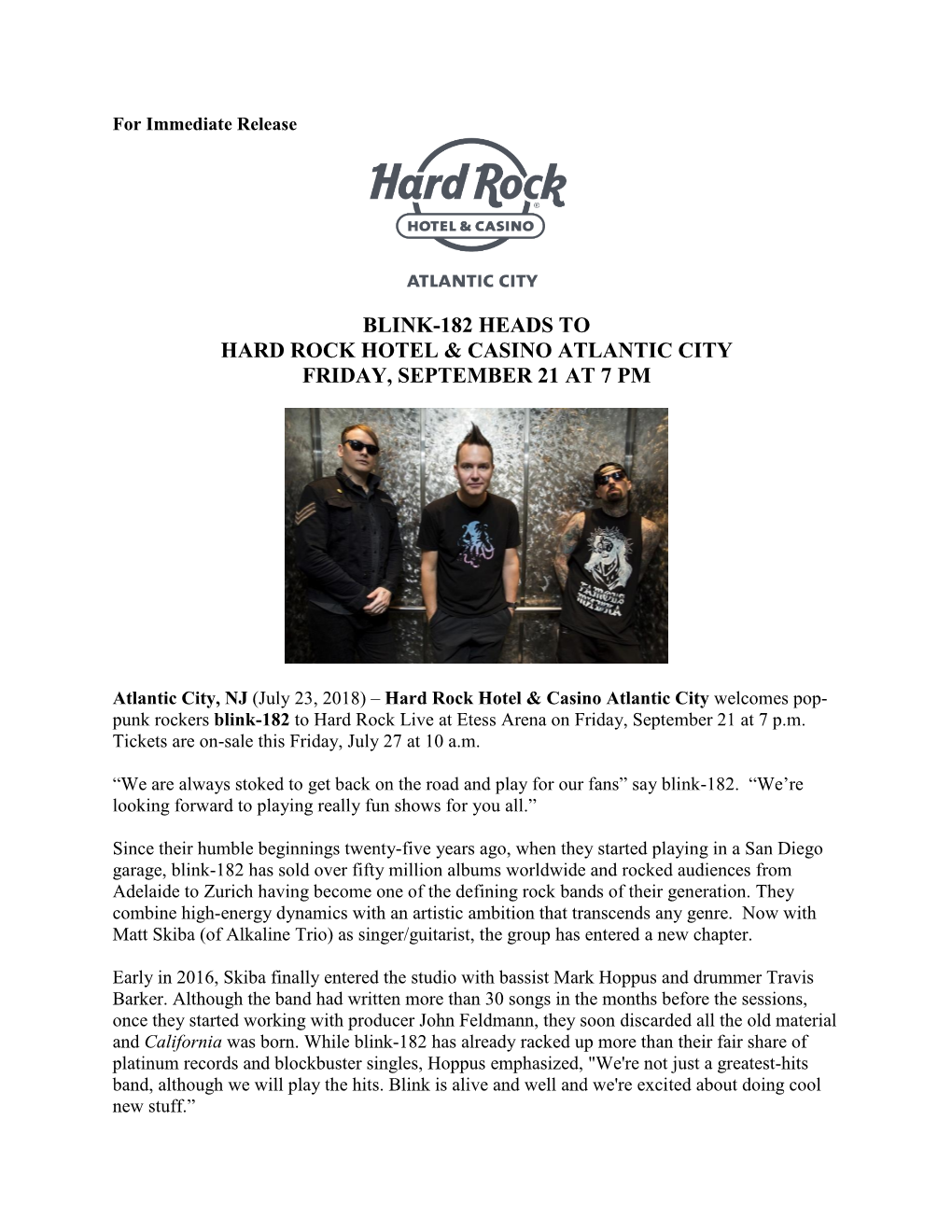 Blink-182 Heads to Hard Rock Hotel & Casino Atlantic City