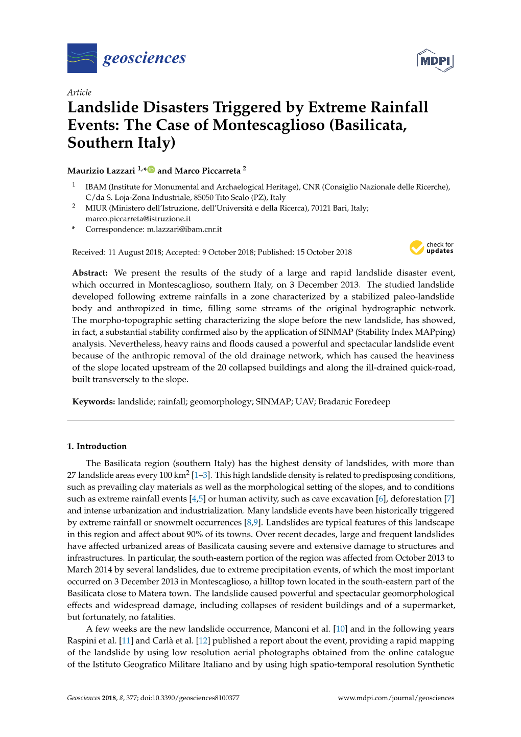 Landslide Disasters Triggered by Extreme Rainfall Events: the Case of Montescaglioso (Basilicata, Southern Italy)