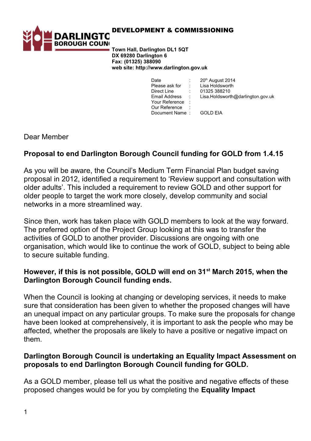 Proposal to End Darlington Borough Council Funding for GOLD from 1.4.15
