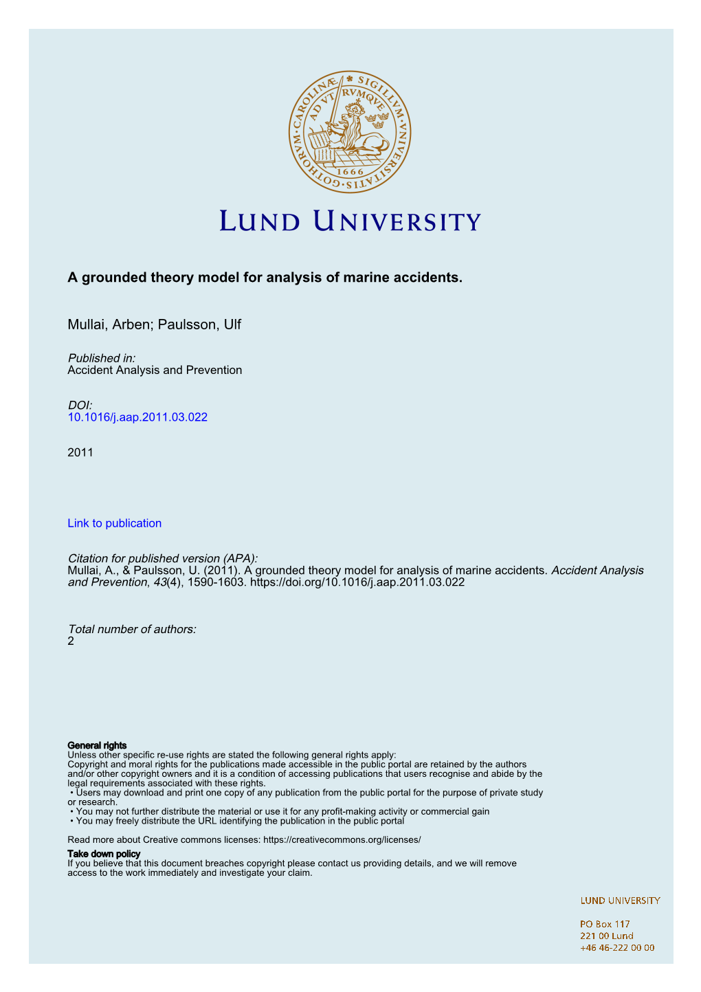 A Grounded Theory Model for Analysis of Marine Accidents. Mullai, Arben