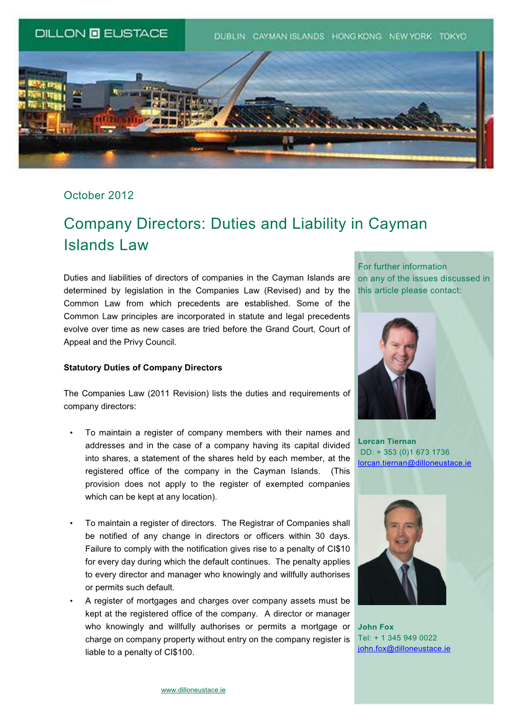 Directors Duties and Liabilities Under Cayman Islands Law Article