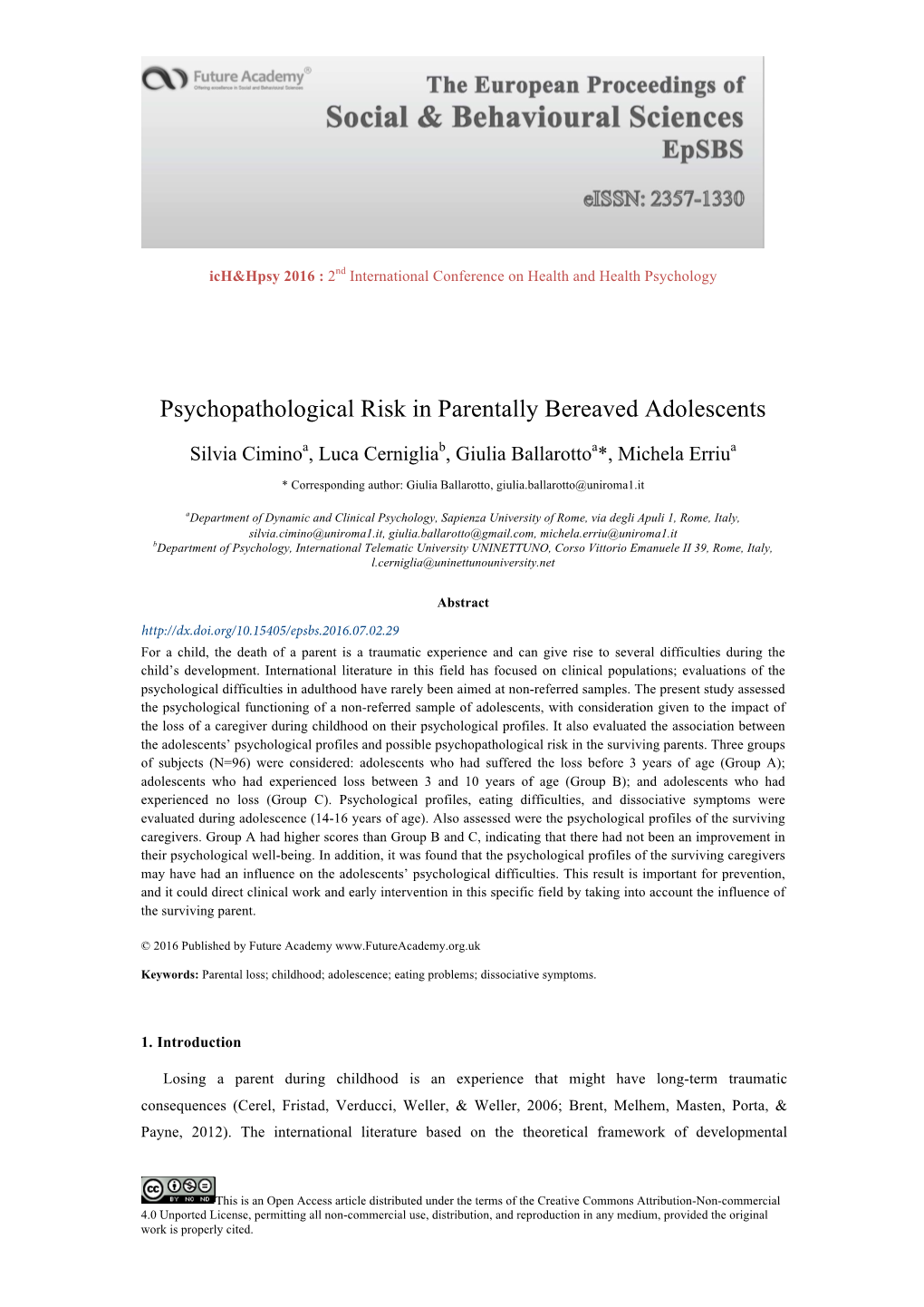 Psychopathological Risk in Parentally Bereaved Adolescents