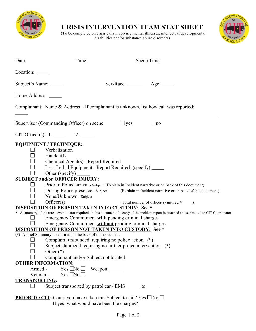 Crisis Intervention Team Stat Sheet