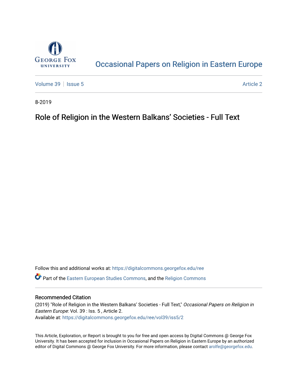 Role of Religion in the Western Balkansâ•Ž Societies