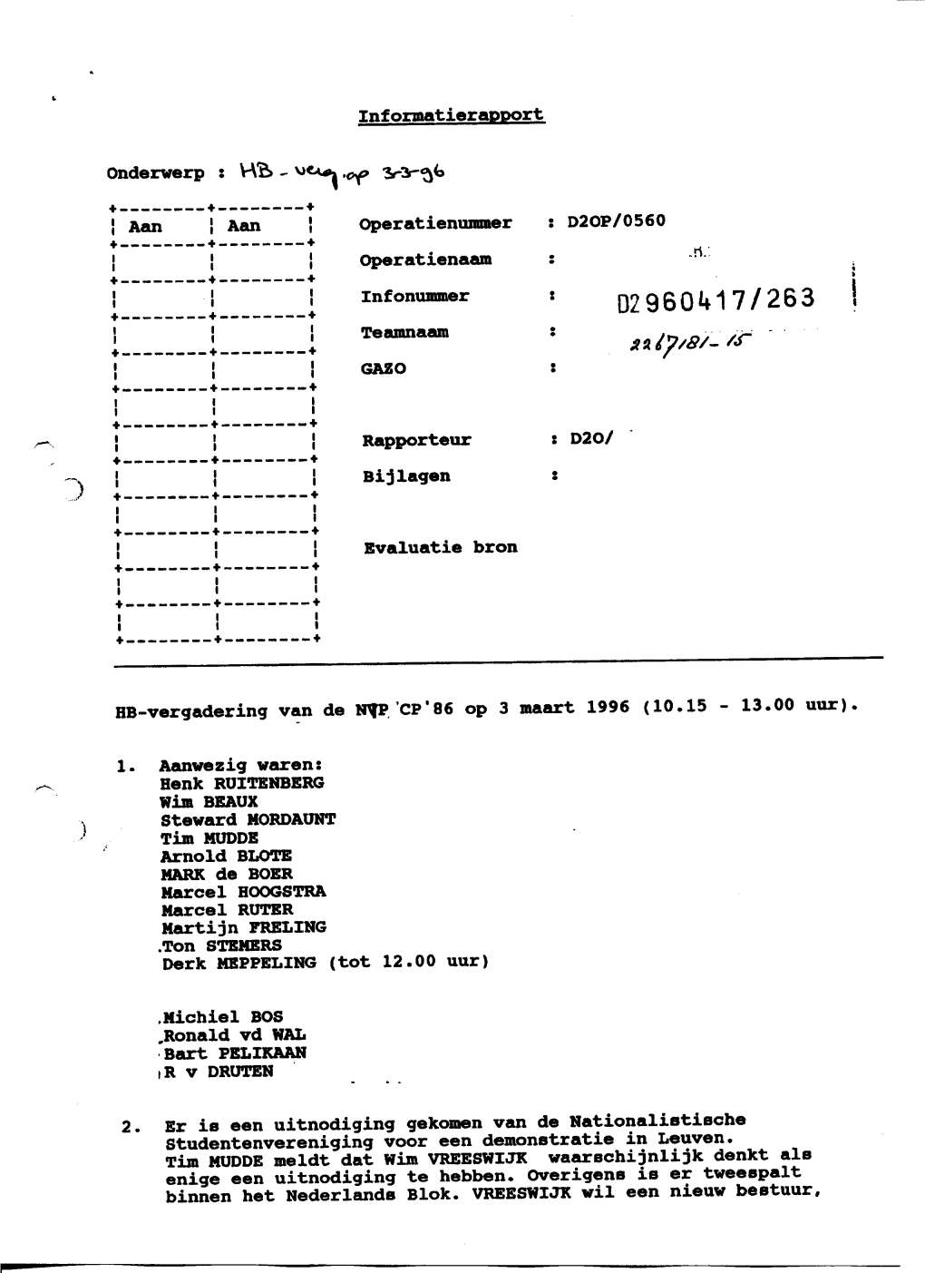 02960^17/263 ! 1 Teamnaam : J 1 GAZO : ! 1 Rapporteur : D20/ + — — .. H Bijlagen : L a ! 1 Evaluatie Bron 1