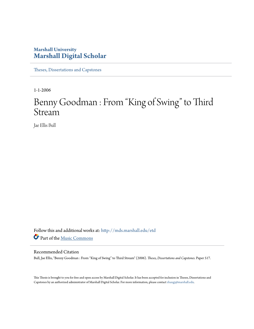 Benny Goodman : from “King of Swing” to Third Stream Jae Ellis Bull