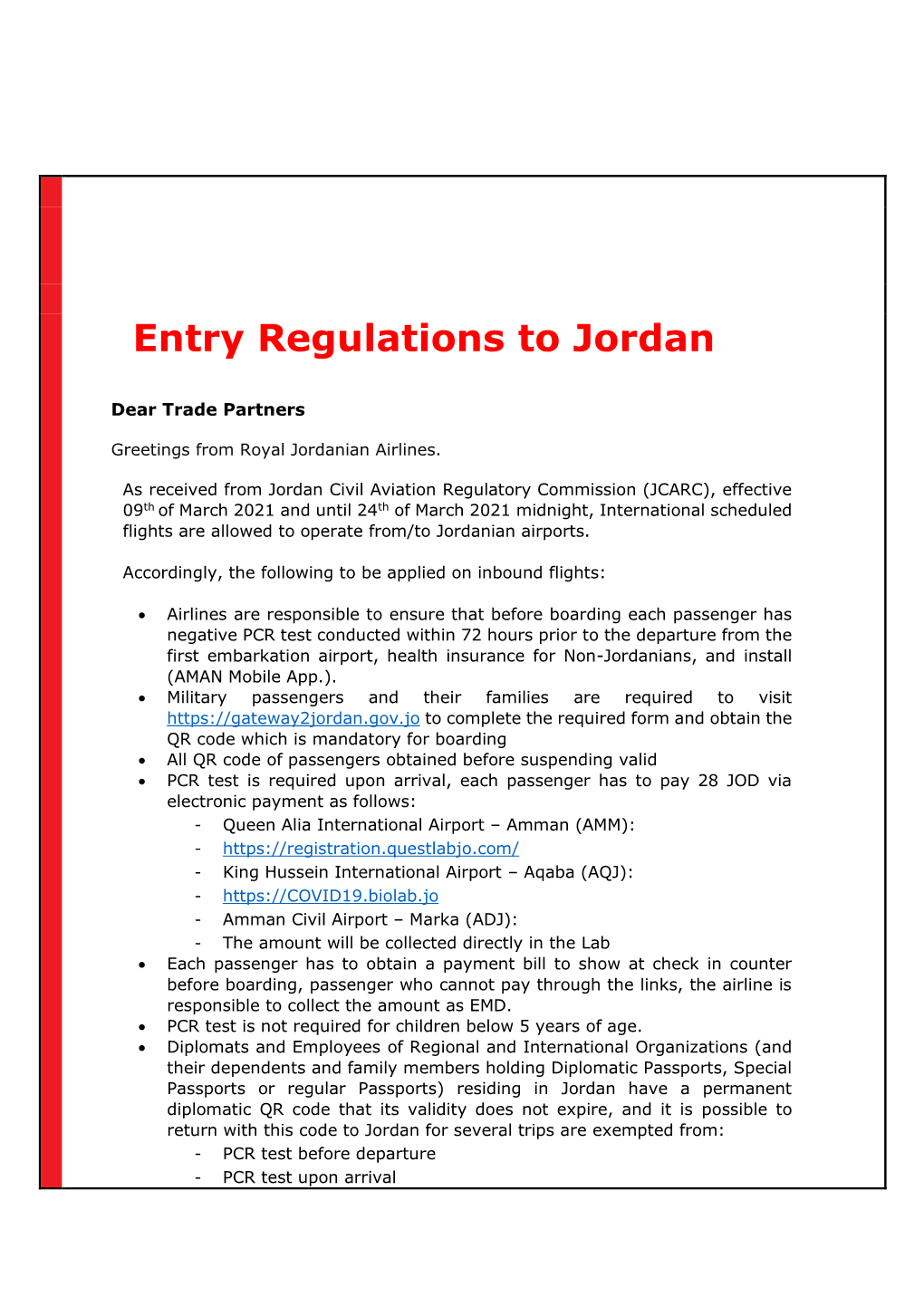 Entry Regulations to Jordan