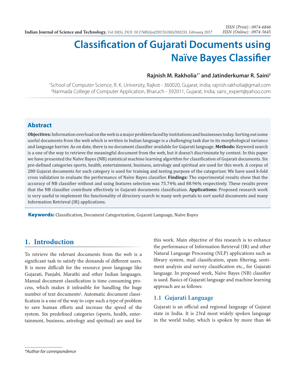 Classification of Gujarati Documents Using Naïve Bayes Classifier
