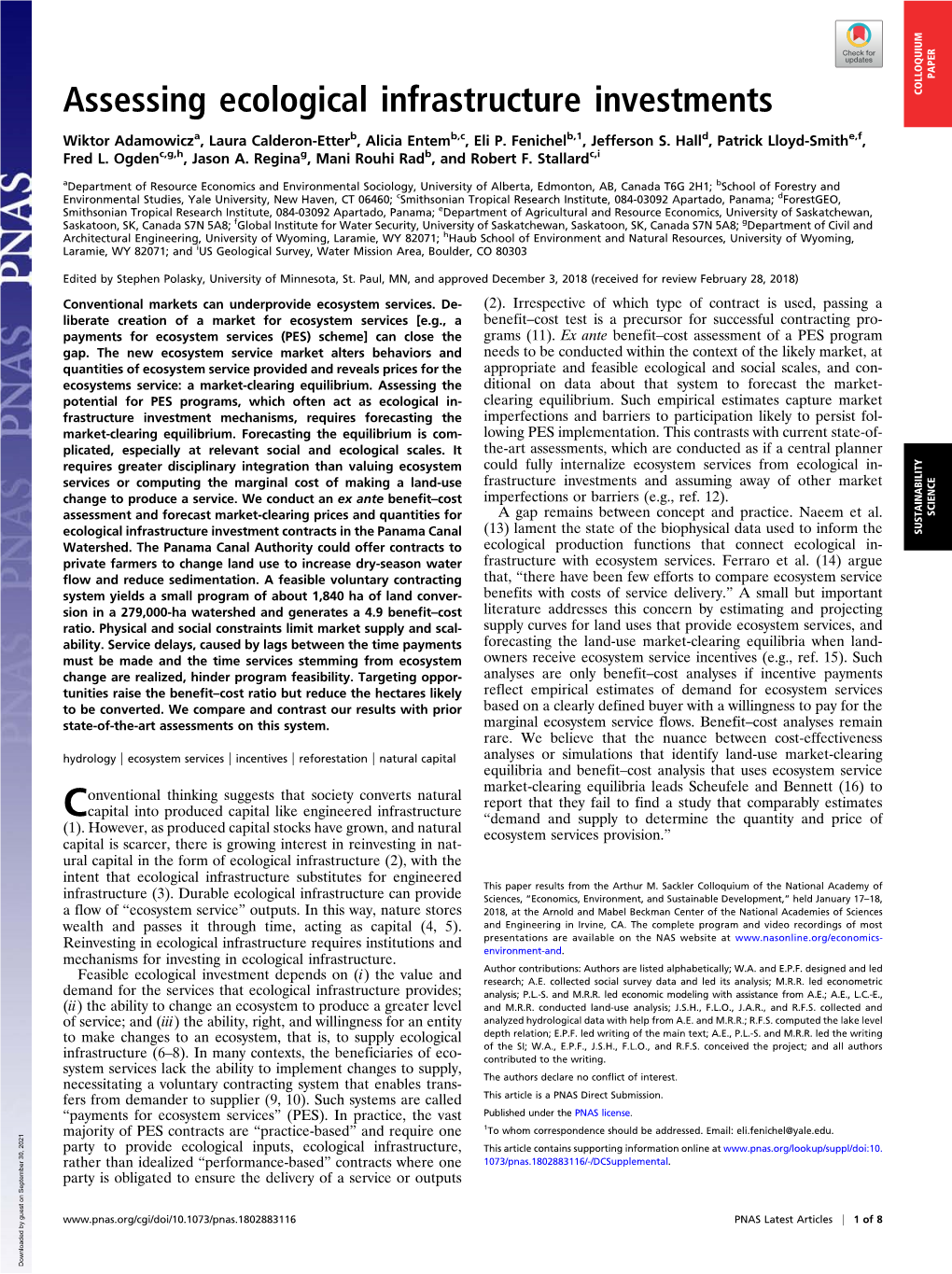 Assessing Ecological Infrastructure Investments COLLOQUIUM