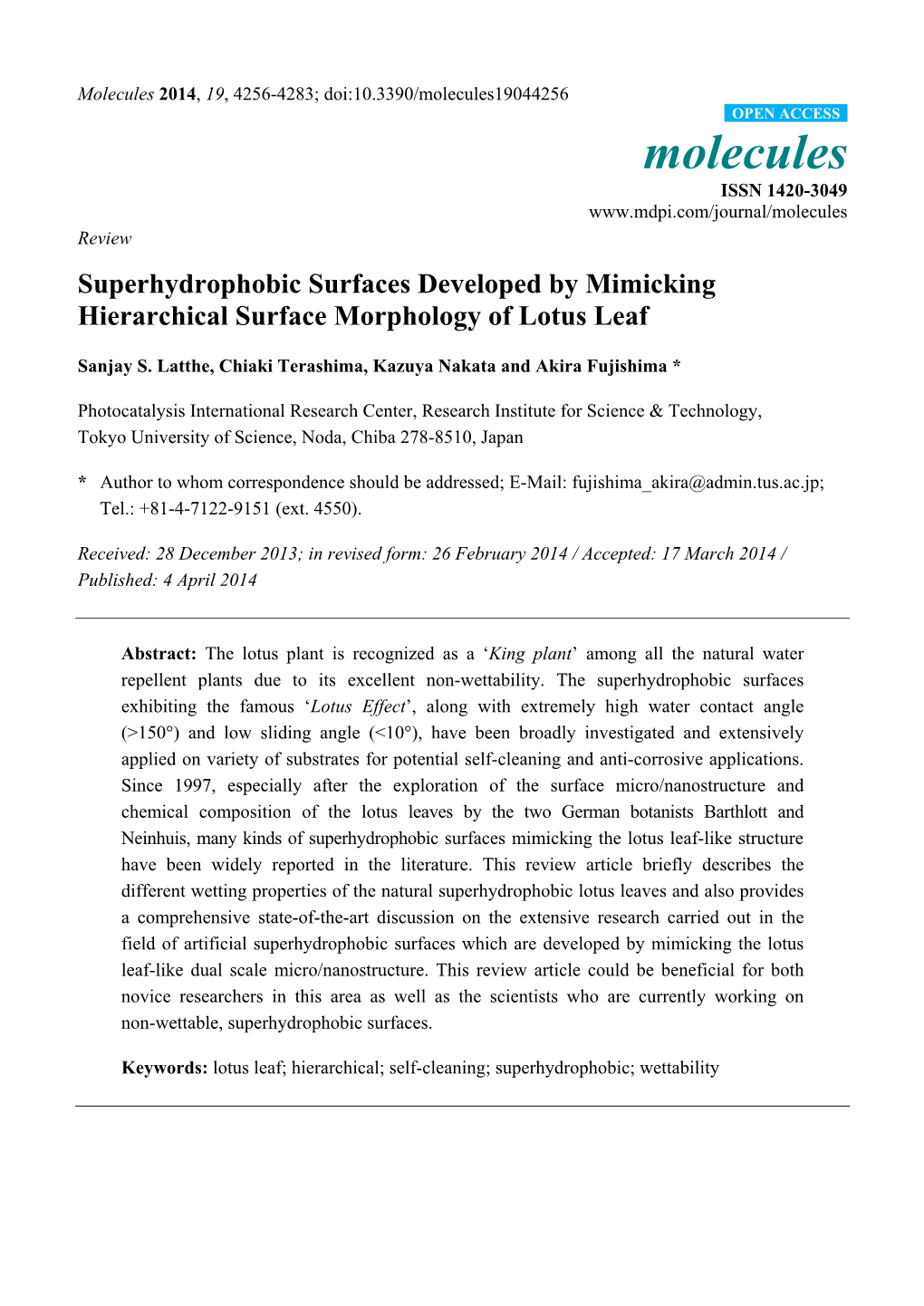 Superhydrophobic Surfaces Developed by Mimicking Hierarchical Surface Morphology of Lotus Leaf