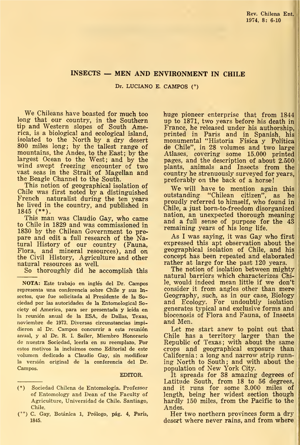 Revista Chilena De Entomología, Now in (Nemestrinids) and Ureta (Lepidoptera)