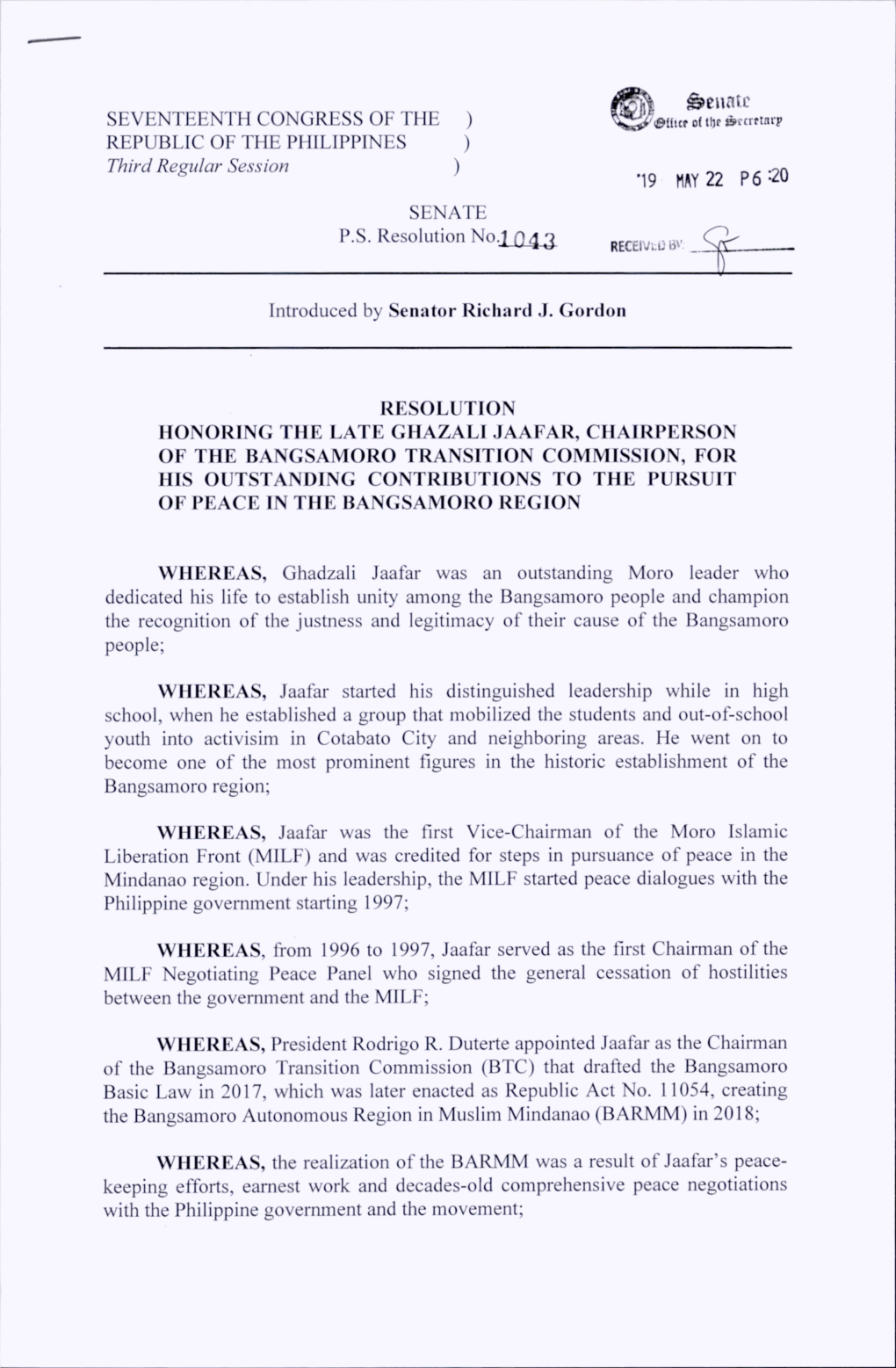 Jennie SEVENTEENTH CONGRESS of the ) (©Lltcf O( Tbf »I'trftarp REPUBLIC of the PHILIPPINES ) Third Regular Session ) *19 MAY 22 P6;20 SENATE P.S