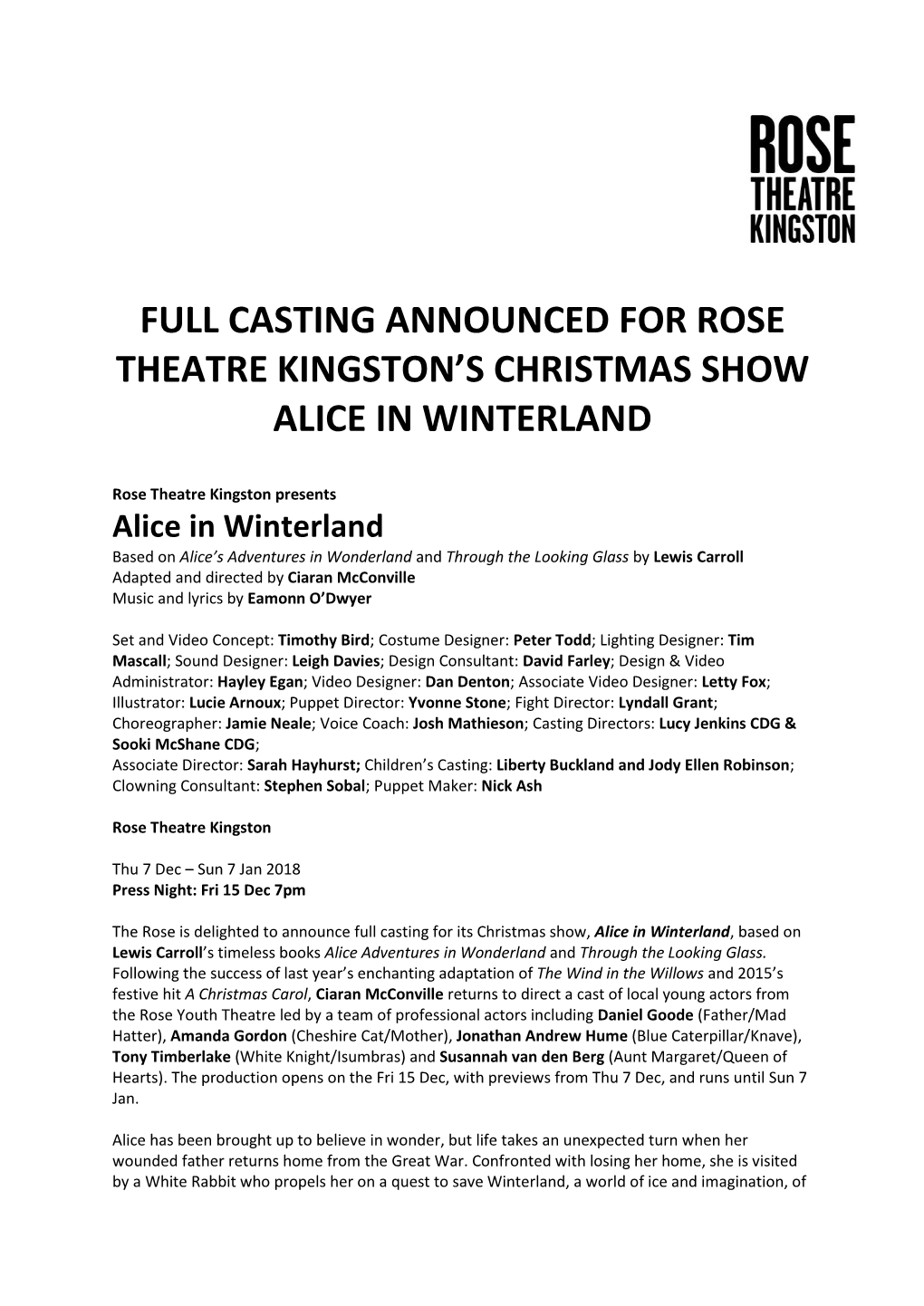 Full Casting Announced for Rose Theatre Kingston's