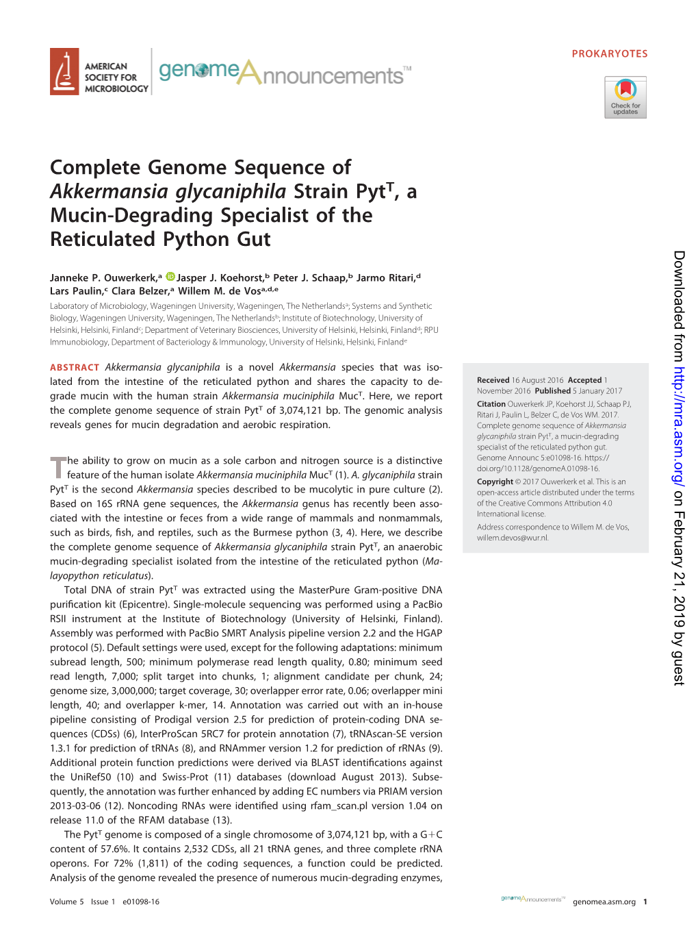 Complete Genome Sequence of Akkermansia Glycaniphila Strain Pytt, a Mucin-Degrading Specialist of the Reticulated Python Gut