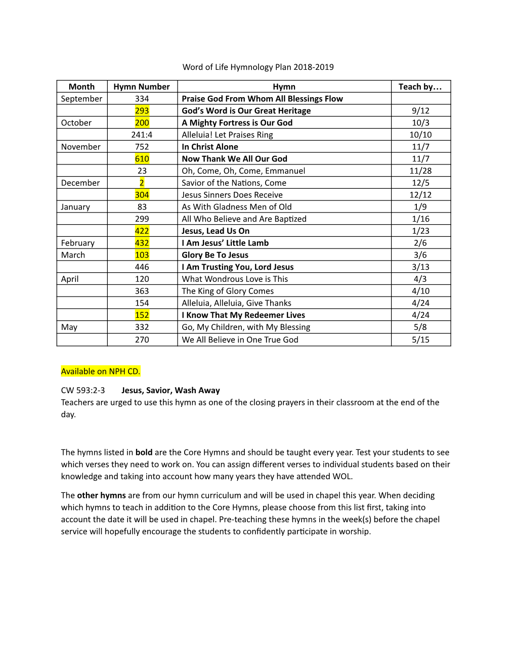 Word of Life Hymnology Plan 2018-2019 Month Hymn Number