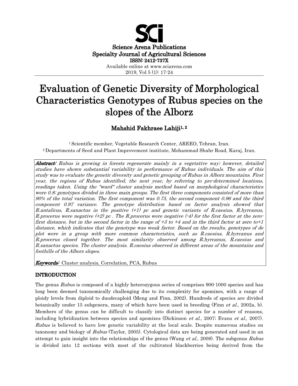 Evaluation of Genetic Diversity of Morphological Characteristics Genotypes of Rubus Species on the Slopes of the Alborz