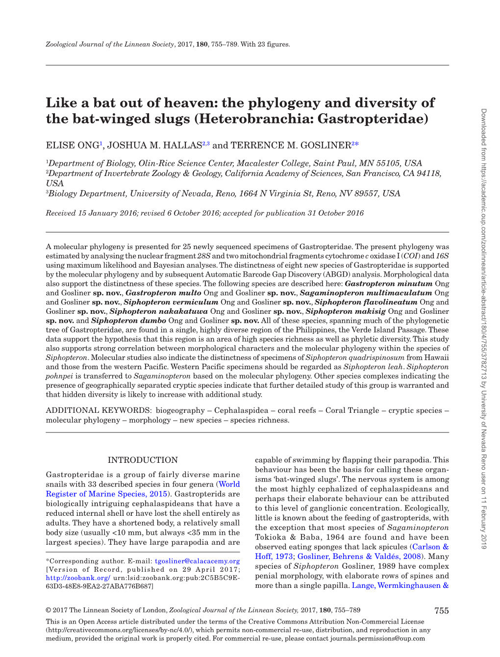 The Phylogeny and Diversity of the Bat-Winged Slugs