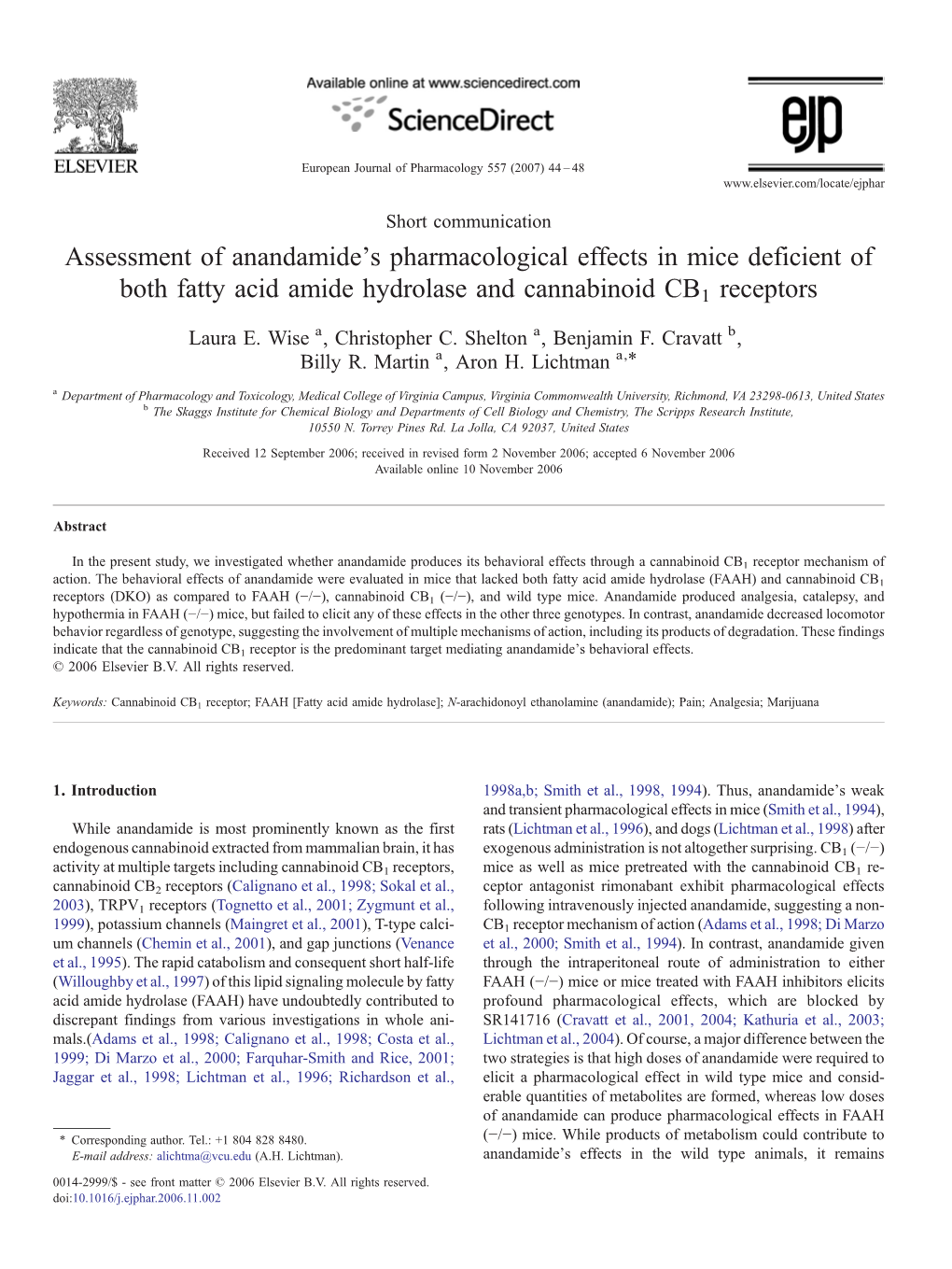 Assessment of Anandamide's Pharmacological Effects in Mice Deficient of Both Fatty Acid Amide Hydrolase and Cannabinoid CB1 Receptors